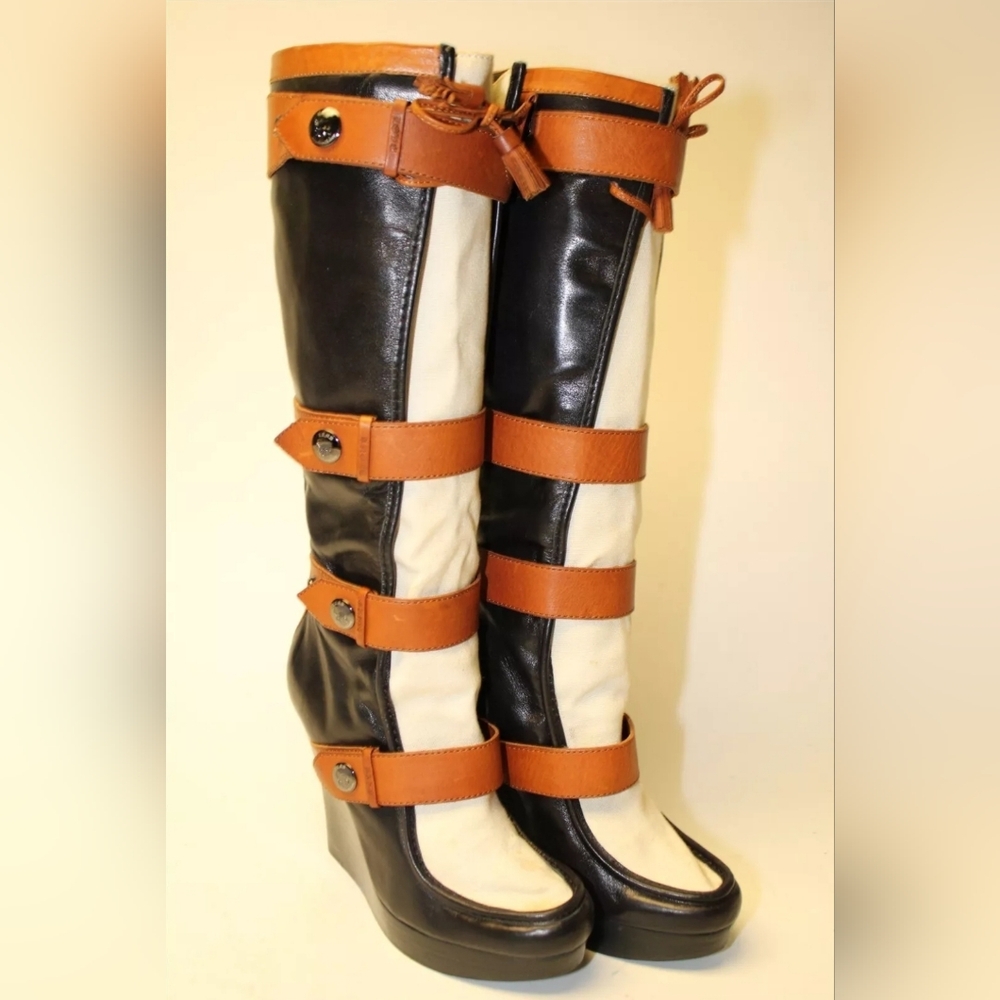 L.A.M.B. Baby  7.5 39 Leather Wedge Strap Knee High Boots - Picture 4 of 15